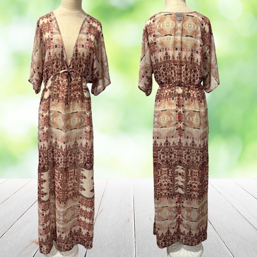Vintage Y2K Sheer Chiffon Kaftan Maxi Dress Boho Aztec Festival Cover Up Size M